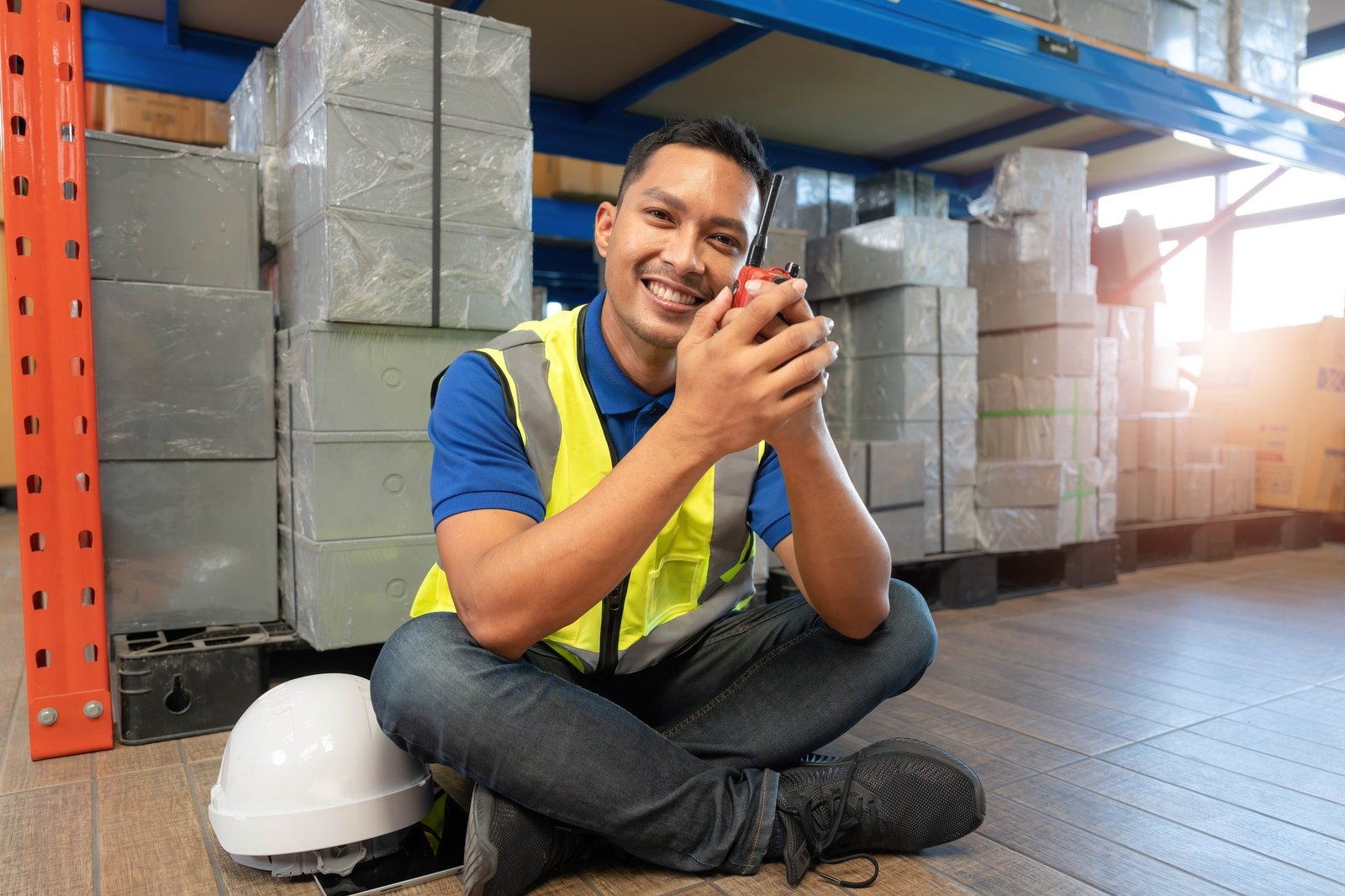 Asian male worker in safety uniform talking on walkie talkie to colleagues. engineer or driver